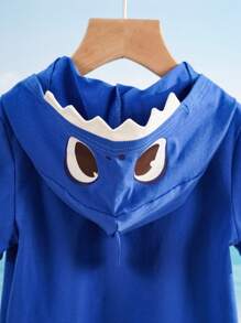 BABY SHARK X SHEIN 小男孩卡通波浪与鲨鱼印花3D鱼鳍连帽短袖T恤 - 藍色 - 查看 6