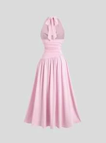 Sweetra Đầm suông màu trơn cổ xếp nếp buộc eo lãng mạn cho nữ - Hồng - Xem 2