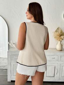 Franclia Camicetta casual in lino da donna con scollo a equipaggio,senza maniche, con bordi a contrasto,adatta per l'ufficio, le vacanze e il tempo libero,primavera/estate