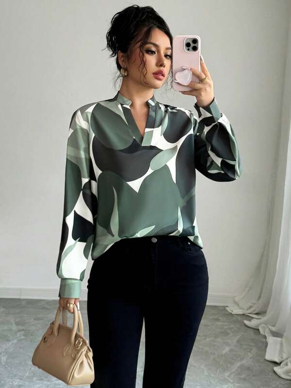 Elenzga Casual Colorblock Print Notched Neck Blouse, Suitable For Spring & Autumn