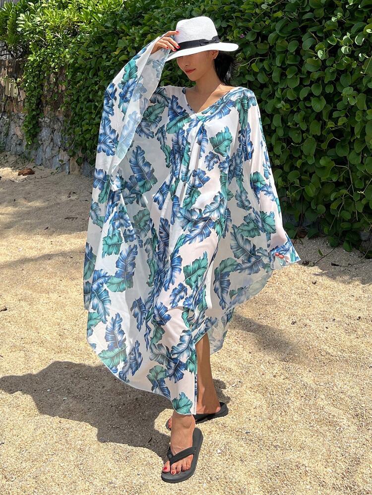 Women's Tropical Plant Print V-Neck Batwing Sleeve Cover-Up Dress,Beach Outfits Vacation