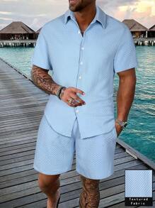 Manfinity KASUA Manfinity Swimmode Men's Color Block Short Sleeve Shirt And Shorts Set Men Swim Trunks Textured Fabric Men Swim Trunks Men's Summer Casual Solid Color Textured Shirt & Shorts Set Men Swim Trunks Men Swim Trunks