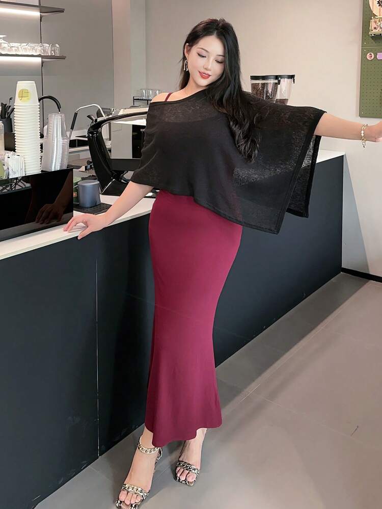 Set Of 2: Solid Wine Red Stretchy Mermaid Dress With Spaghetti Strap & Elegant Black Cover Up, Summer