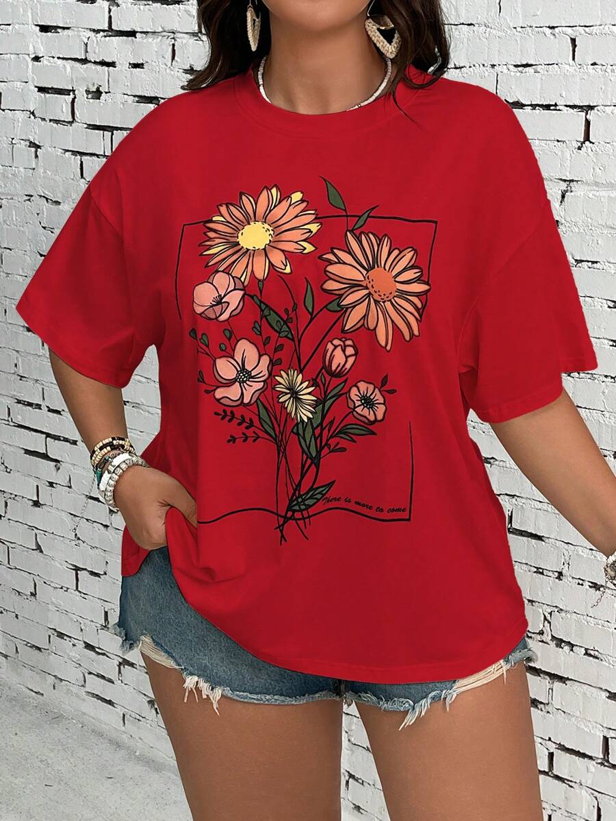 SHEIN VCAY Plus Size Casual Floral Print Round Neck Short Sleeve Loose T-Shirt