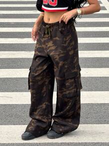 SHEIN TEENGIRL 夏季复古迷彩工装裤，3D 口袋休闲街头风，街头风格 - 軍綠色 - 查看 1