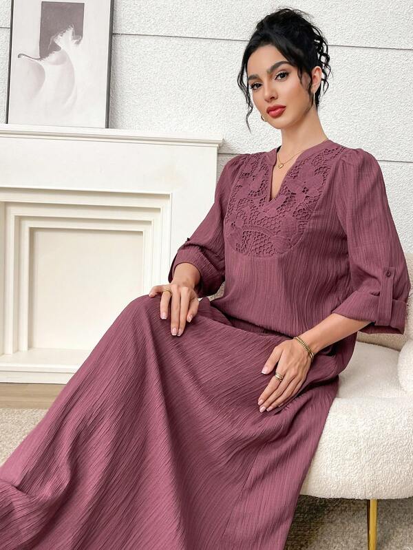 Al Najma Women's Elegant Solid Color Lace Splice Arabic Dress Casual Dresses For Women, Modest