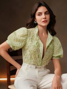Anewsta Blusa corta de mujer elegante francesa artesanal con mangas abombadas decorada con cuentas y cristales, color verde