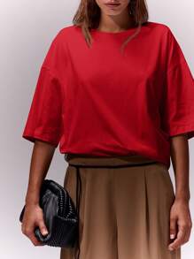 MUSERA 柔软宽松圆领T恤，宽松版型，适合机场、假日、节日、返校、冬季穿着，优雅情人节款。 - 紅色 - 查看 6