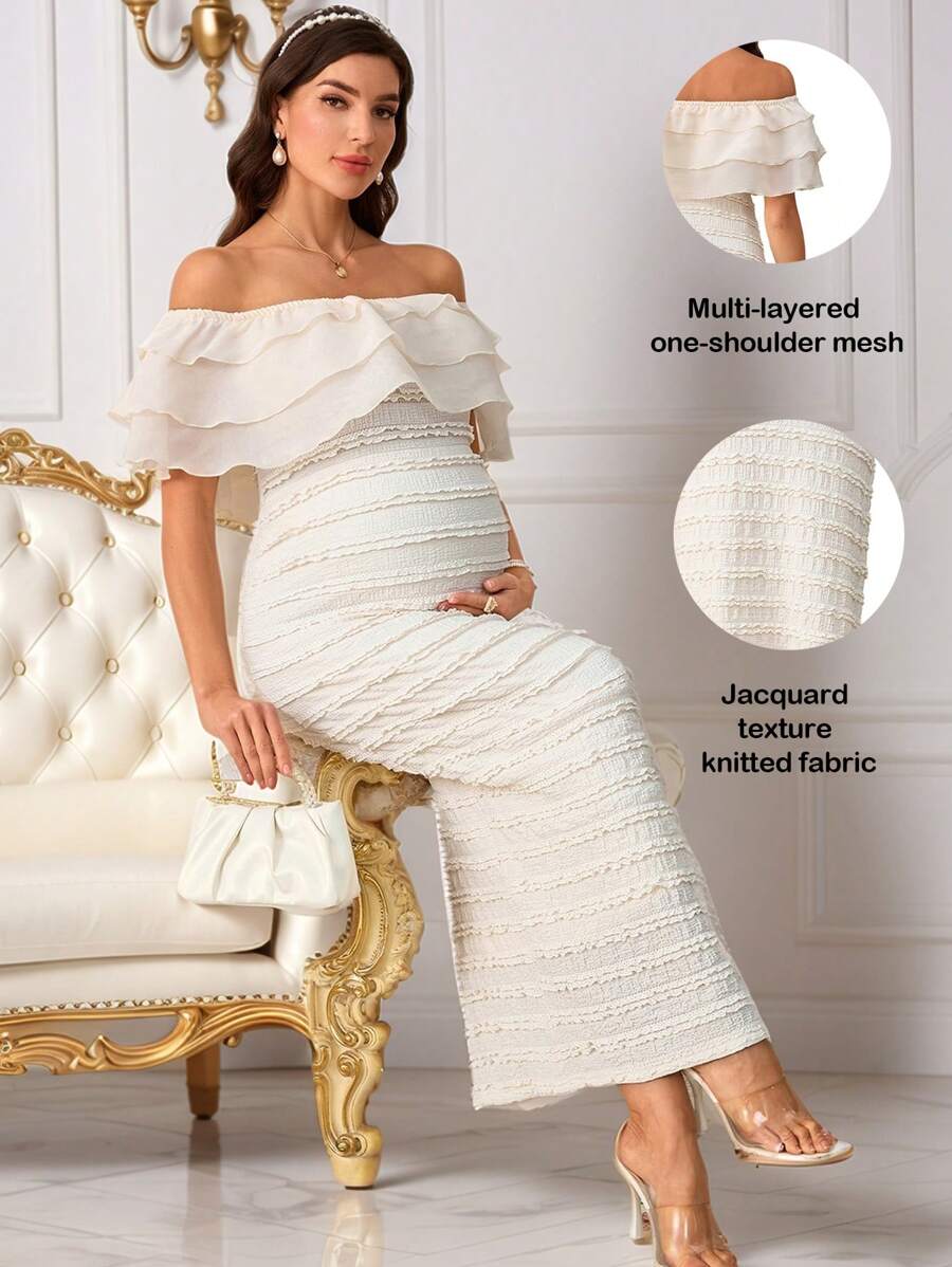 SHEIN 优雅孕妇露肩荷叶边下摆夏季连衣裙 - 白色 - 查看 1