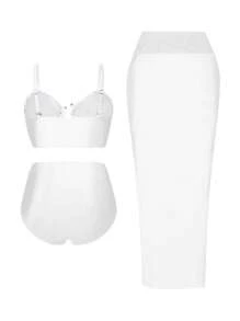 Swim Oasis Plus Size Women's 3-Piece Set: Black Detachable Strap Bandeau Top, High Waist Pants, Gold Decor Accessories And Black Mesh Beach Cover-Up, Summer Vacation - White - View 3