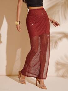 Hauture Crochet Cowl Back Tie Waist Maxi Skirt