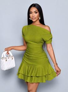 SOLERSUN 女士优雅派对日间杏色针织不对称领口长袖褶皱双褶迷你连衣裙 - 綠色 - 查看 5