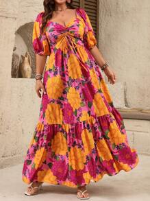 SHEIN Clasi Flowers Birds Plus Size Vacation Style Floral Print Ruched Bust Ruched Hem Dress Tropical Colorblock Floral Print Boho Fashionable Style For Summer - Multicolor - View 5