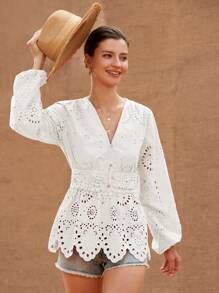 Aveloria Rosie Dames effen blouse met V-hals en lange mouwen en geborduurd oogje