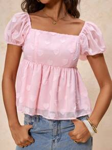 Glamine 女士优雅纯色心形图案衬衫，夏季，方领上衣