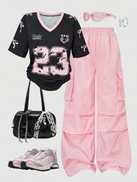 SHEIN 2pcs Tween Girls American Style Patchwork Short Sleeve Graphic Tee And Cargo Pants Outfit Set
