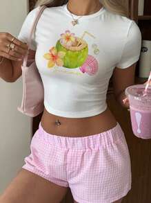 Aloruh Casual Minimalist Coconut And Starfish Pattern Round Neck Short Sleeve Crop Top T-Shirt For Women, Suitable For Summer Vacation, Spring Break Beach Cover Up Casual Bikini Comfortable Swimsuit Decorative Beachwear Suitable For Going Out - White - View 1