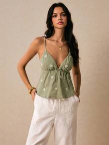 Poéselle Women's Summer Vacation Floral Embroidery Textured Ruffle Hem Camisole, Vacation Outfits Woman, Open Back Top, Peplum Top, Cute Summer Tops, Going Out Tops, Boho Women's Clothing, European Summer