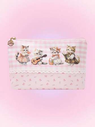 Kawaii Lace Trim Cute Pink Kitty Pattern Large Capacity Portable Women's Cosmetic Bag Transparent Makeup Bag 848303
