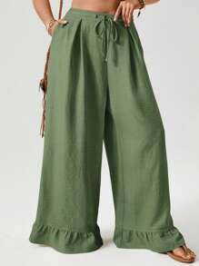 SHEIN VCAY Plus Size Women Wide Leg Pants With Waist Tie And Ruffled Hem,Summer Pants - Green - View 1
