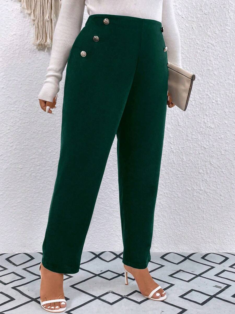 SHEIN LUNE 大码女式纽扣设计锥形休闲裤，百搭