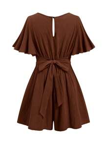 SHEIN LUNE Plus Size Summer Simple Twist Solid Color Textured Ruffle Sleeve Jumpsuit