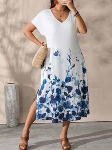 EMERY ROSE Ombre Watercolor Floral Print V-Neck Short Sleeve Plus Size Maxi Dress