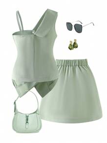 SHEIN Elladie kids 年轻女孩时尚不对称设计套装两件套，优雅女士风格绿色高端连衣裙套装 - 綠色 - 查看 2