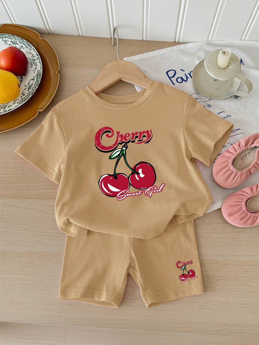 Baby Girl Casual Minimalist Short Sleeve Shorts Set, For Summer - Khaki - View 1