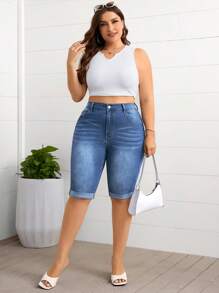 SHEIN Essnce Plus Size Fashionable Side Pocket Washed Rolled Hem Denim Shorts, Summer