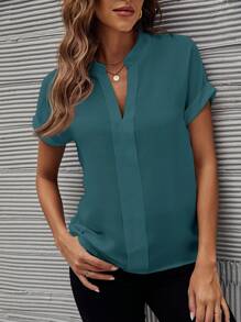 SHEIN Clasi 休闲短袖纯色缺口领衬衫，夏季 - 水鴨藍 - 查看 6