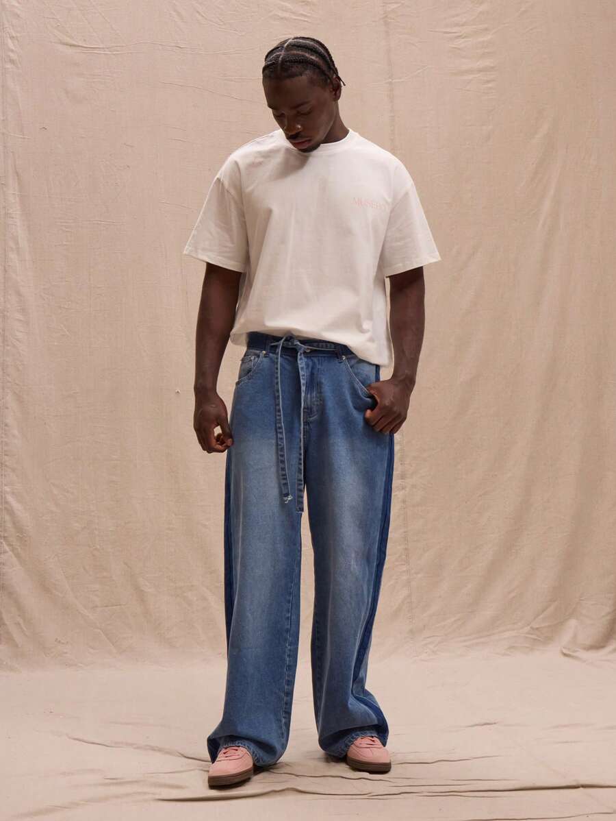 Two Tone Belt Detail Baggy Denim Jeans Spring Summer Streetstyle Easter - Multicolor - View 1