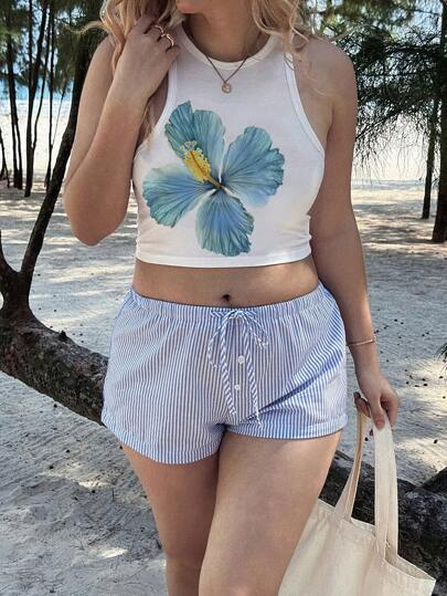 Veykashi 大码女式休闲简约花卉印花背心，适合夏季和海滩