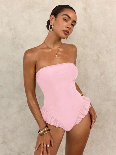 Swim Glamine قطعة واحدة من ملابس السباحة النسائية بتصميم قطعة واحدة ذات لون واحد باندو مع حافة مكشكشة مناسبة للعطلات