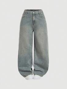SHEIN MOD MOD Plus Size Patch Pocket Casual Versatile Loose Wide Leg Baggy Jeans