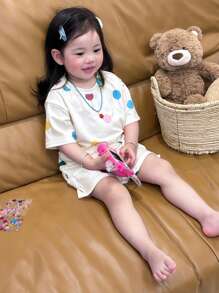 DAZY Toddler Girls' Polka Dot Oversized Knit Short Sleeve Loungewear - Beige - View 6