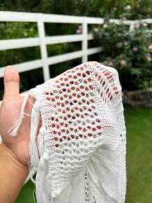 SHEIN EZwear Plus Size Vacation Casual Fringe Hem Hollow Knit Vest - White - View 6