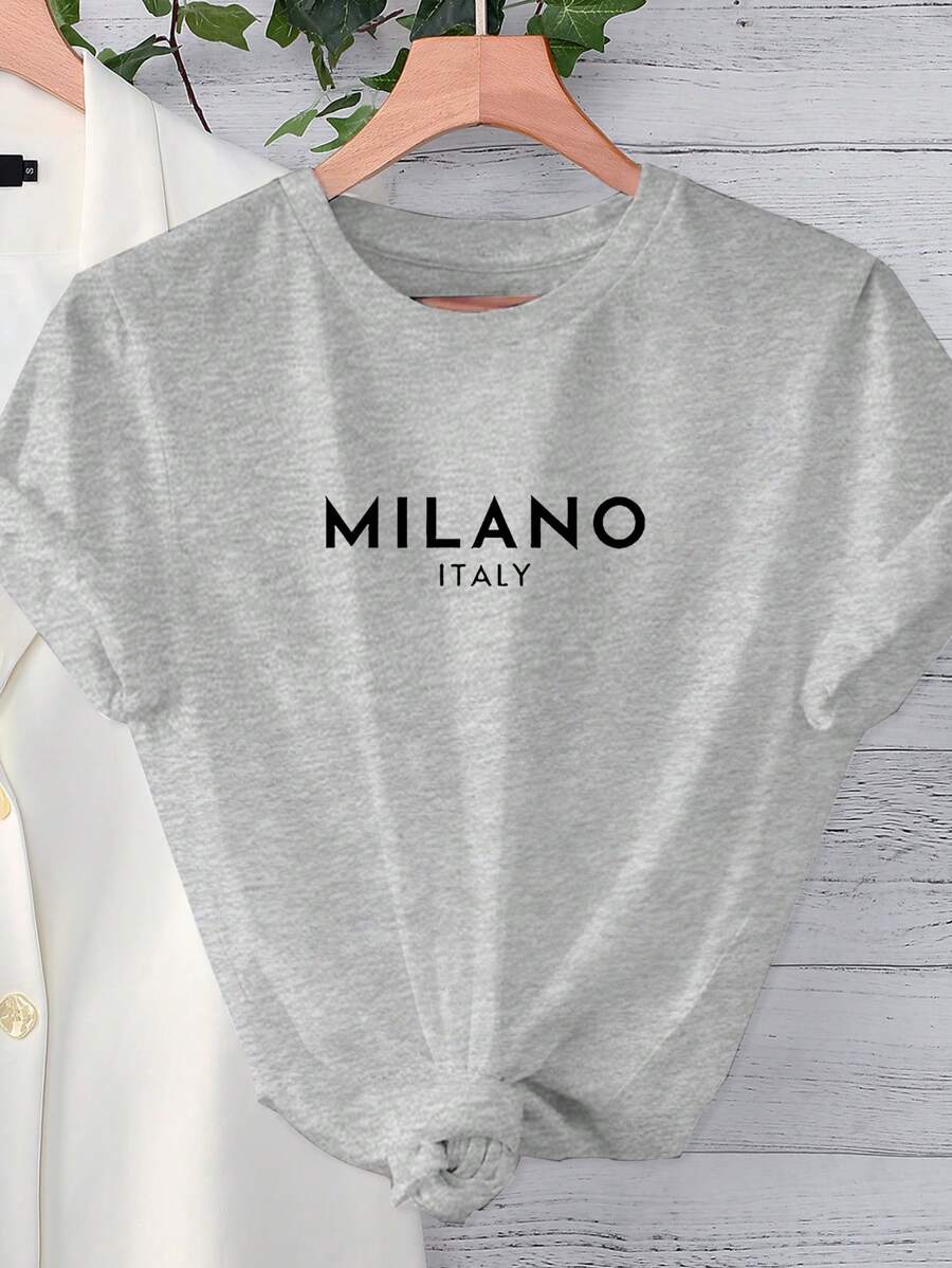 INAWLY Camiseta de mujer de manga corta casual con cuello redondo y estampado de letras, adecuada para atuendos cotidianos en primavera y verano - Camisetas gráficas de mujeres "MILANO ITALY" Tops