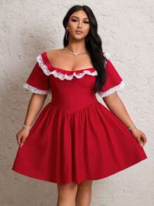 Flirla Vestido con volantes, parches de encaje y mangas con volumen para talla grande, para primavera/verano - Rojo - Ver 2