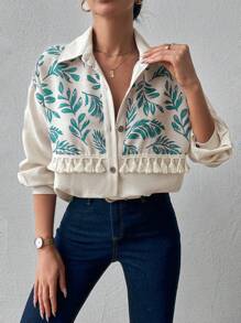 EURMUSE 100%Cotton Open Placket Blouse With Tassels And Tribe Print - Green - View 8