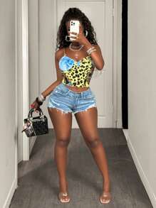 BamGleam Women's Blue Floral Print Cropped Camisole Vest