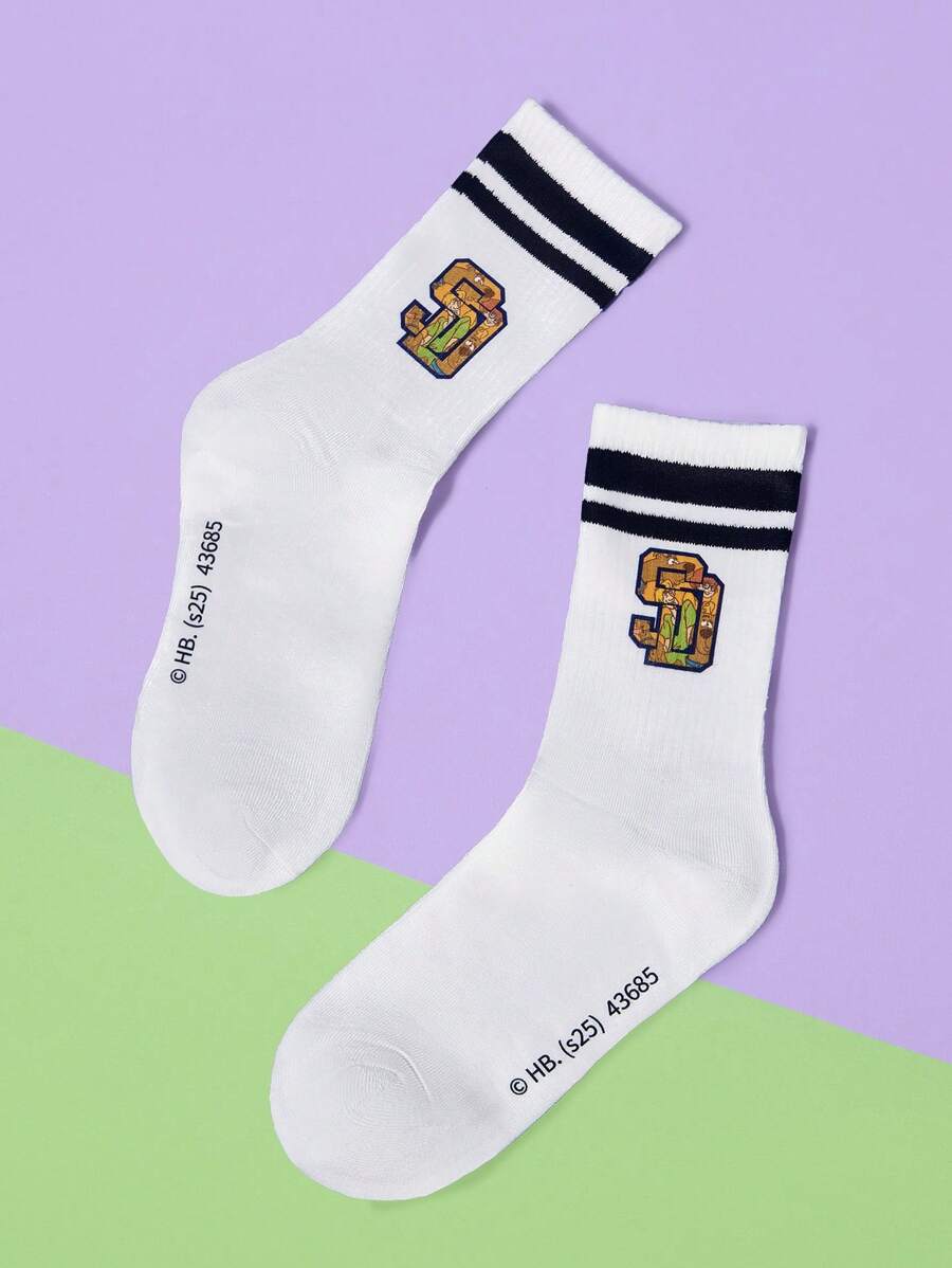 SCOOBY-DOO X SHEIN 1 双字母图案撞色条纹中筒袜，时尚 - 彩色 - 查看 1