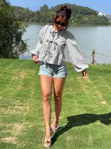 SHEIN EZwear 女式复古现代灰色格子天鹅绒前系带泡泡袖宽松衬衫