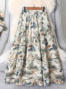 SHEIN Unity Plus Size Women Ditsy Floral Flare Skirt, Suitable For Summer Vacation - Green - View 1