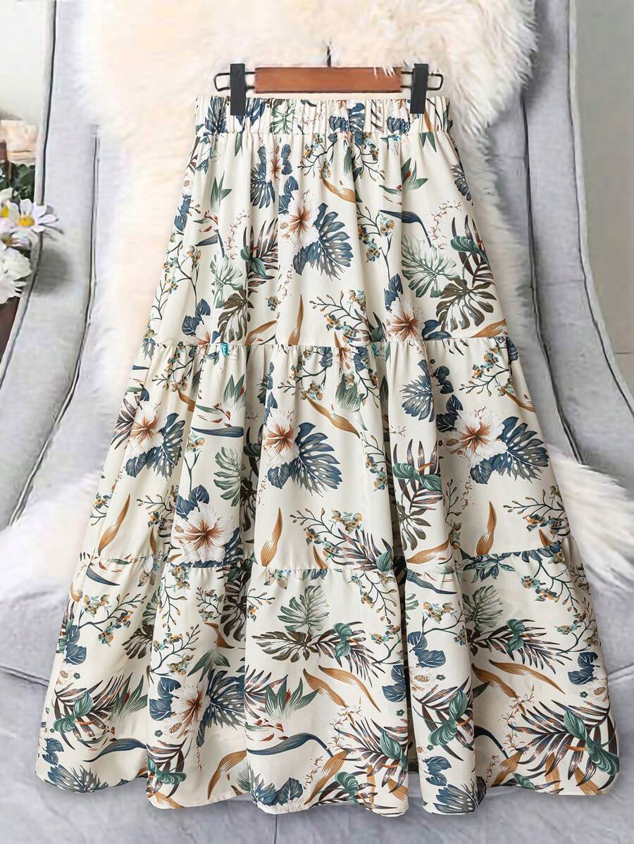 SHEIN Unity Plus Size Women Ditsy Floral Flare Skirt, Suitable For Summer Vacation - Green - View 1