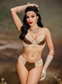 SHEIN 2pcs/Set Lace Panel Wire-Free Sexy Bra & Panty Lingerie Set For Women - Multicolor - View 6