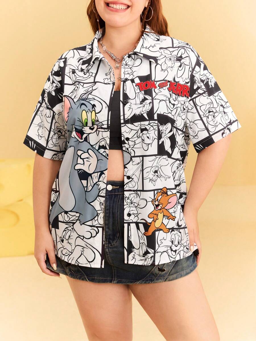 TOM & JERRY X SHEIN Plus Size Casual Cartoon Graphic Button-Front Short Sleeve Blouse Rave Festival/ Rave/Festival/ Rave/ Festival For Women/ Country Concert/ Festival/ Concert/ C Concert Women/ Concert For Women/Rave/Rave Top Summer / Summer For Women/ Summer / Cute Summer Tops Classic Casual Shirt
