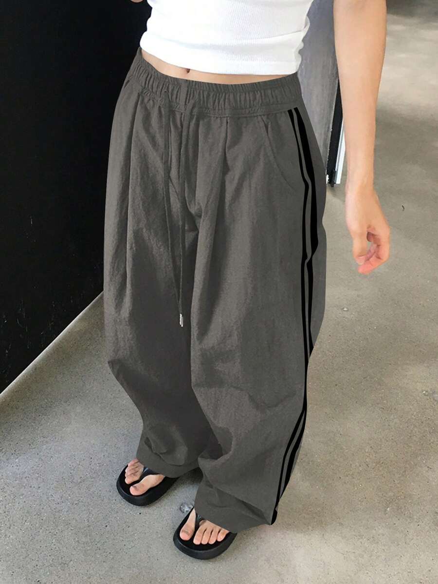 DAZY 女式松紧腰拼接织带阔腿休闲裤,百搭适合所有季节的宽松裤秋季 - 灰色 - 查看 1