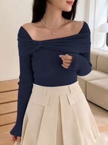 DAZY Women Solid Color Bow Knit Sweater, Slim Fit,Fall Women Clothes - Royal Blue - View 3