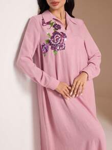 Al Najma 女式优雅亮片花朵图案宽松长袖连衣裙 - 粉色 - 查看 6